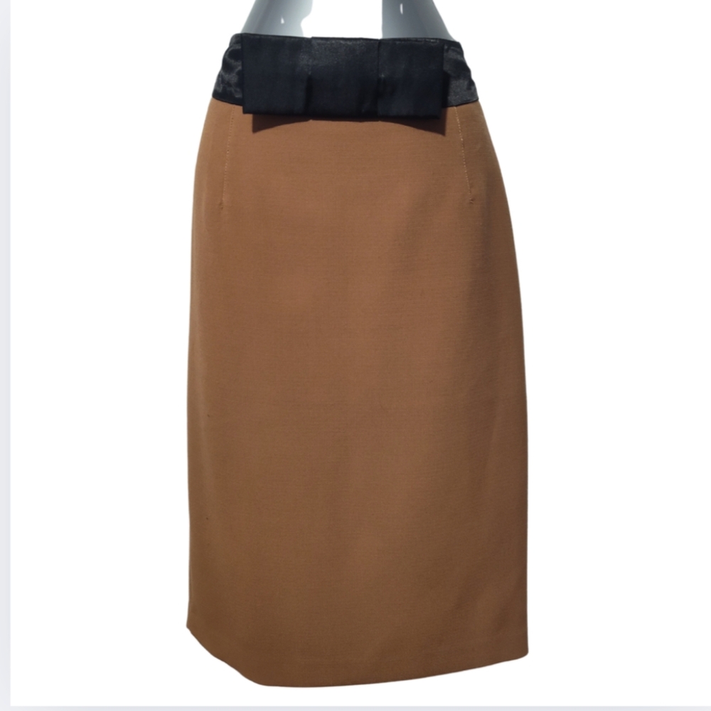 Sylvian Heach Camel Tan & Black Satin Pencil Skirt Size Large